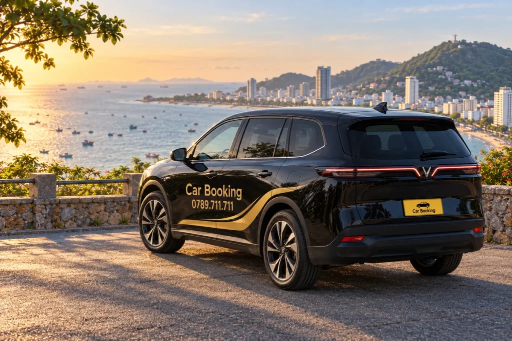 Xe Limo Green Car Booking nhìn từ phía sau tại bãi đỗ ven biển Vũng Tàu lúc chiều.