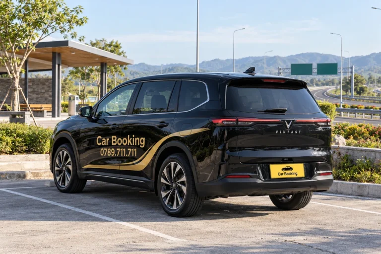 Góc sau xe Car Booking tại điểm dừng có vạch đỗ, phía xa là đường nối và đồi xanh.
