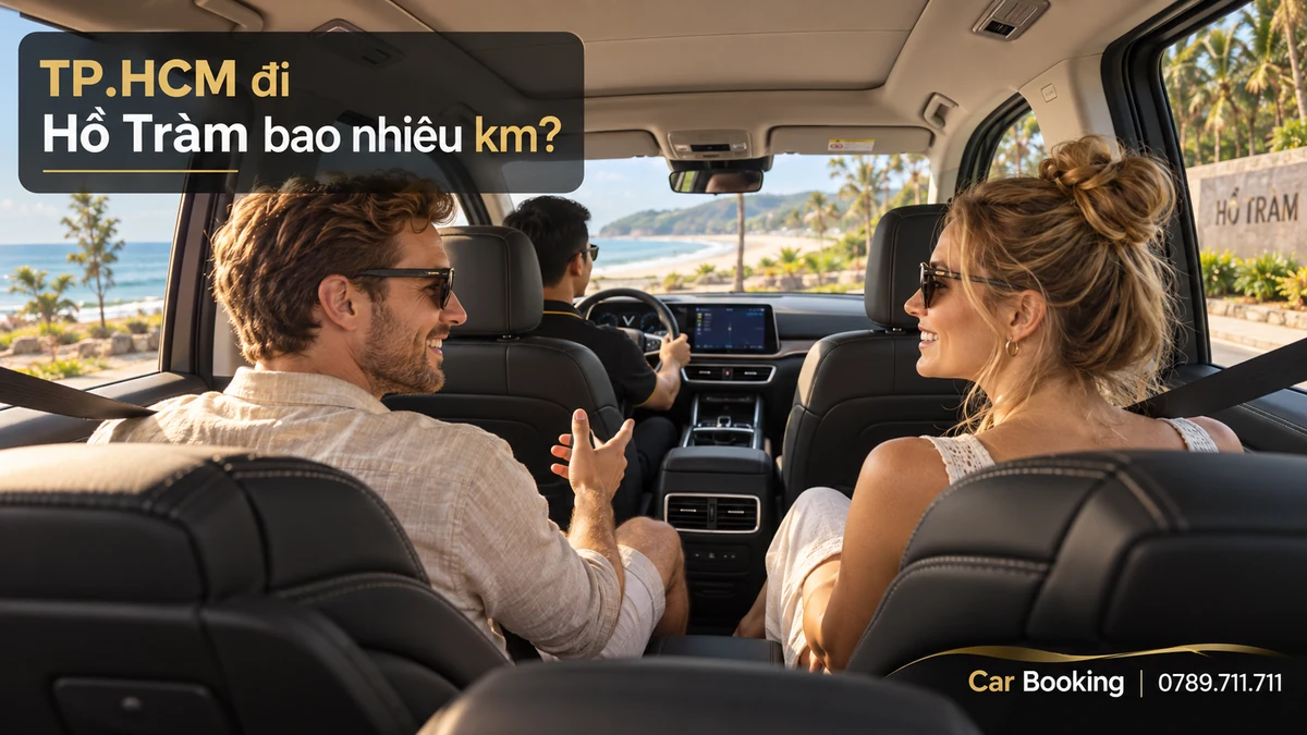 Ảnh minh họa có tiêu đề “TP.HCM đi Hồ Tràm bao nhiêu km”, khách nam nữ trong khoang xe, tài xế ngồi bên trái.