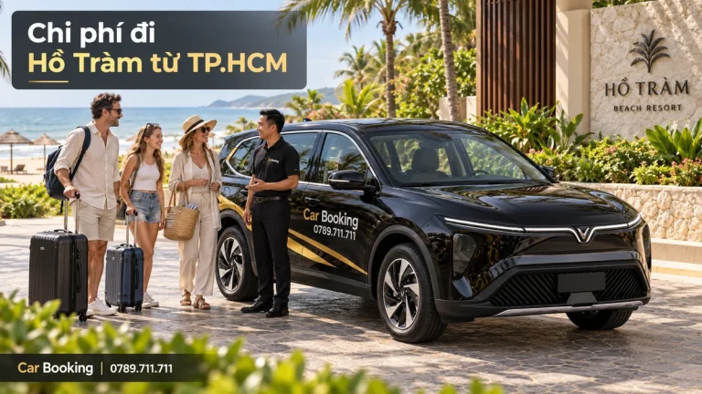 Ảnh minh họa có tiêu đề “Chi phí đi Hồ Tràm từ TP.HCM”, xe Car Booking và hành khách tại điểm đón.