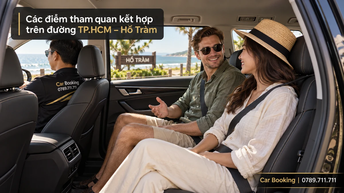 Ảnh minh họa có tiêu đề “Các điểm tham quan kết hợp trên đường TP.HCM – Hồ Tràm”, khách nam nữ trong khoang xe, tài xế ngồi bên trái.