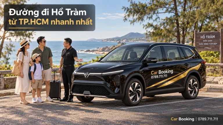 Ảnh minh họa có tiêu đề “Đường đi Hồ Tràm từ TP.HCM nhanh nhất”, xe Car Booking và hành khách tại điểm đón.