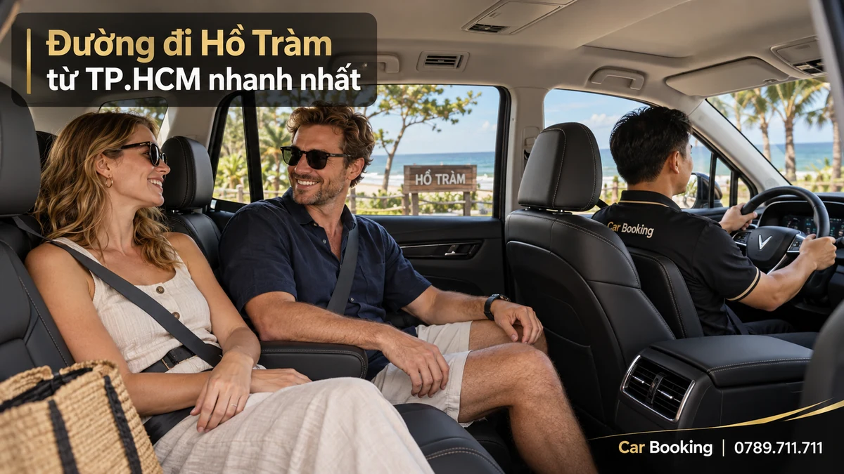 Ảnh minh họa có tiêu đề “Đường đi Hồ Tràm từ TP.HCM nhanh nhất”, khách nam nữ trong khoang xe, tài xế ngồi bên trái.
