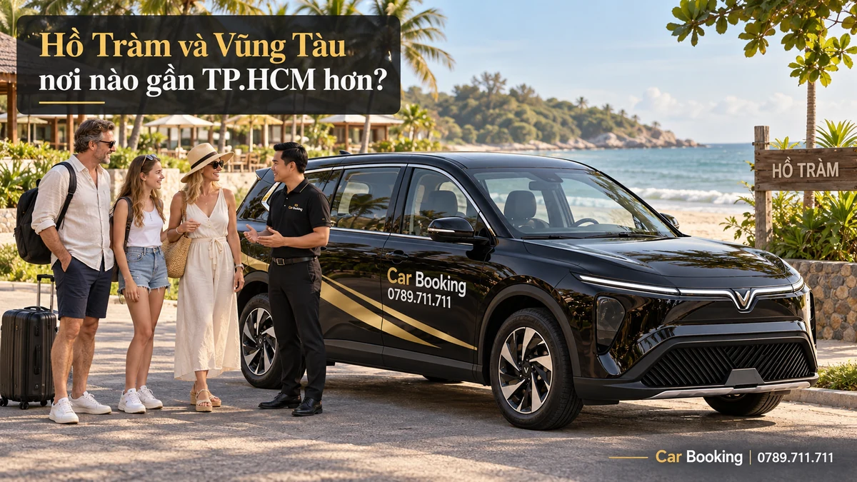 Ảnh minh họa có tiêu đề “Hồ Tràm và Vũng Tàu”, xe Car Booking và hành khách tại điểm đón.