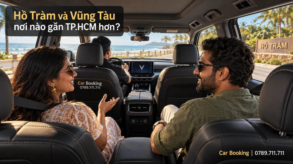 Ảnh minh họa có tiêu đề “Hồ Tràm và Vũng Tàu”, khách nam nữ trong khoang xe, tài xế ngồi bên trái.