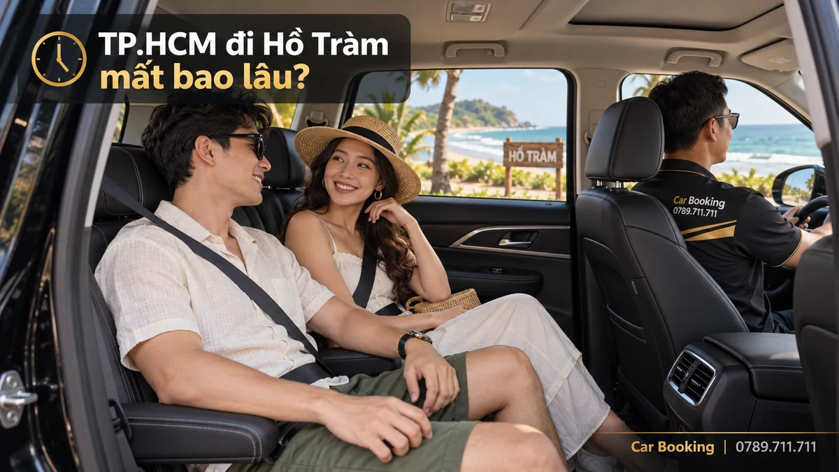 Ảnh minh họa có tiêu đề “TP.HCM đi Hồ Tràm mất bao lâu”, khách nam nữ trong khoang xe, tài xế ngồi bên trái.