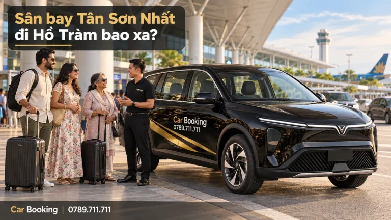 Ảnh minh họa có tiêu đề “Sân bay Tân Sơn Nhất đi Hồ Tràm bao xa”, xe Car Booking và hành khách tại điểm đón.