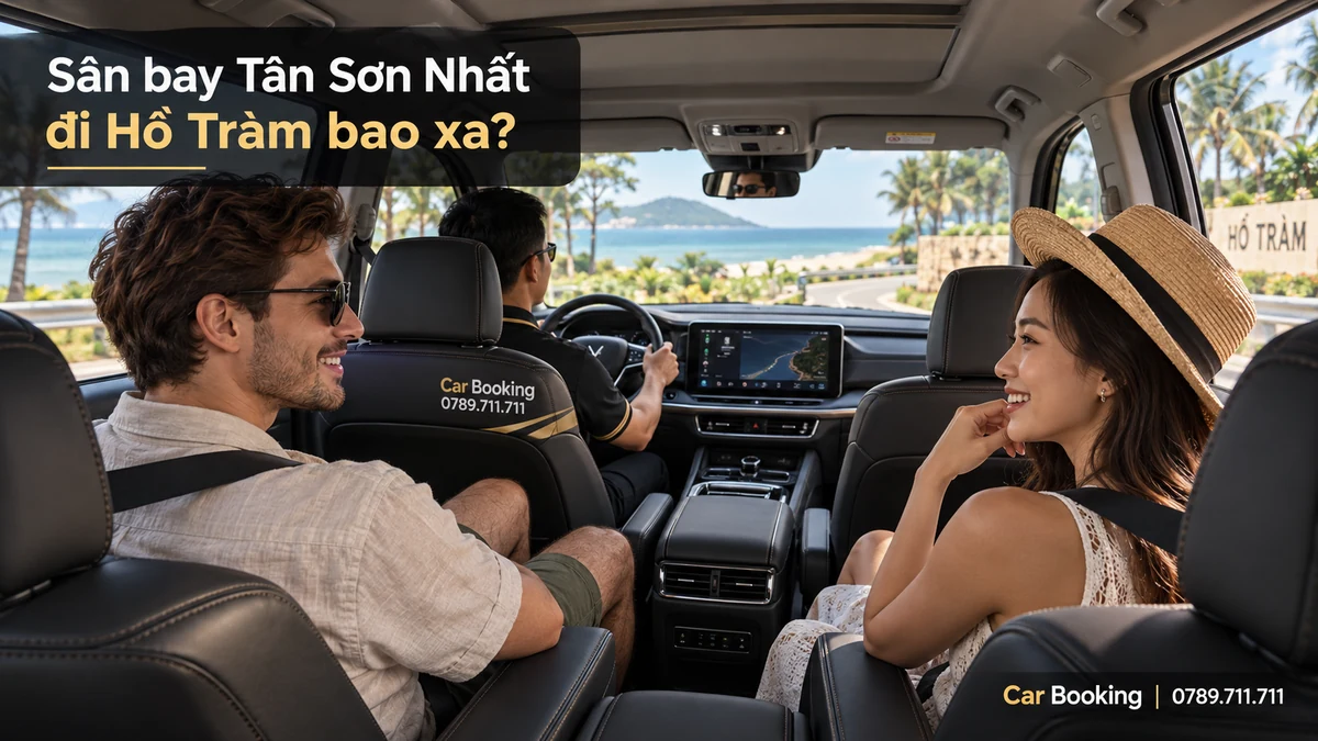 Ảnh minh họa có tiêu đề “Sân bay Tân Sơn Nhất đi Hồ Tràm bao xa”, khách nam nữ trong khoang xe, tài xế ngồi bên trái.