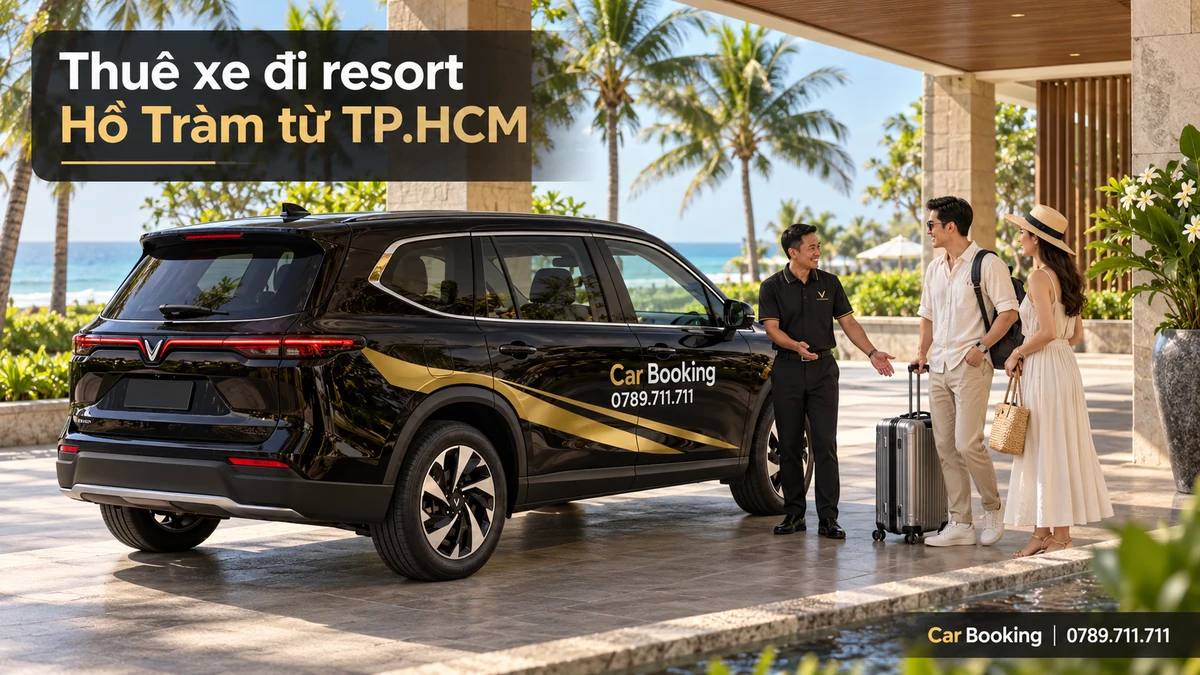 Ảnh minh họa có tiêu đề “Thuê xe đi resort Hồ Tràm từ TP.HCM”, xe Car Booking và hành khách tại điểm đón.