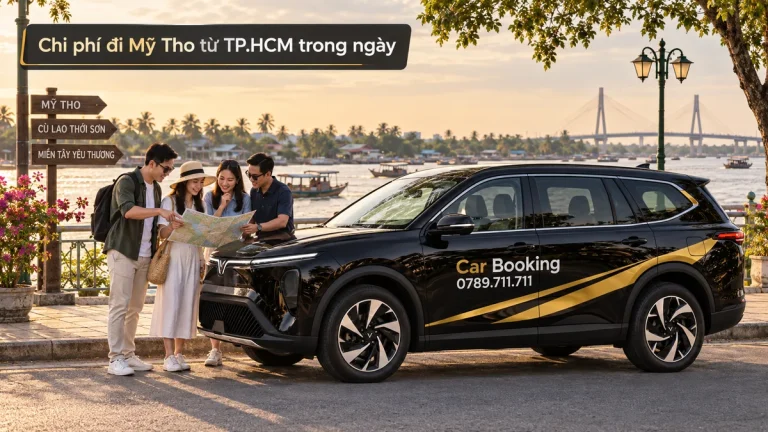 Chi phí đi Mỹ Tho từ TP.HCM trong ngày: nhóm bạn xem bản đồ cạnh xe Car Booking