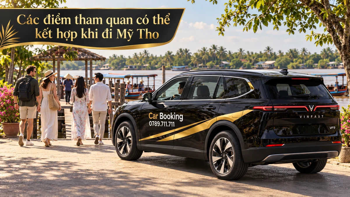 Nhóm khách từ xe Car Booking đi đến bến thuyền tham quan sông Tiền