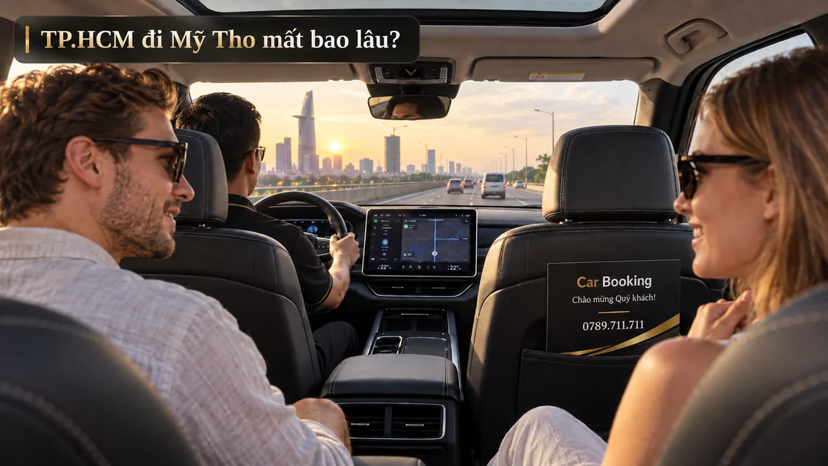 Khoang xe Car Booking với tài xế bên trái và khách đi Mỹ Tho lúc sáng sớm