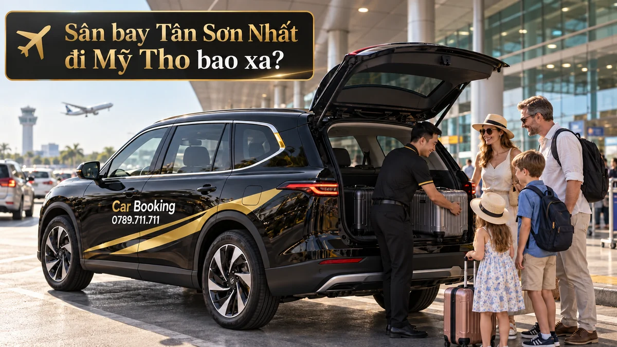 Gia đình xếp hành lý vào xe VinFast 7 chỗ Car Booking tại sân bay