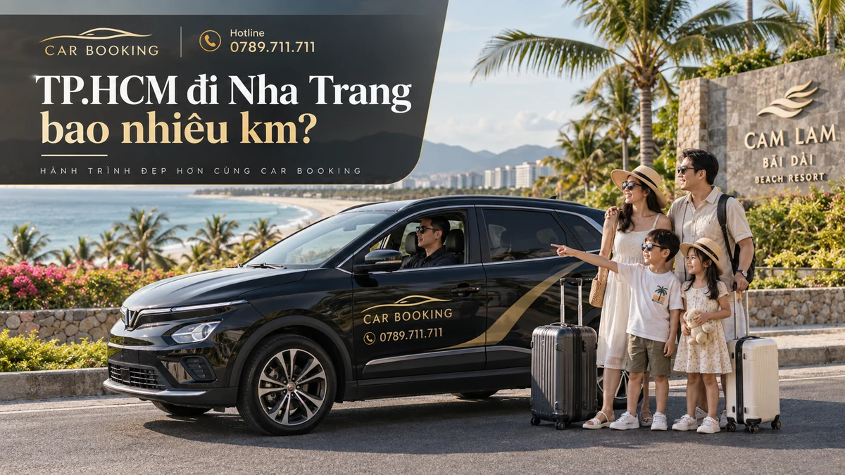 TP.HCM đi Nha Trang bao nhiêu km – thiết kế tên bài trên ảnh minh họa xe Car Booking và hành khách