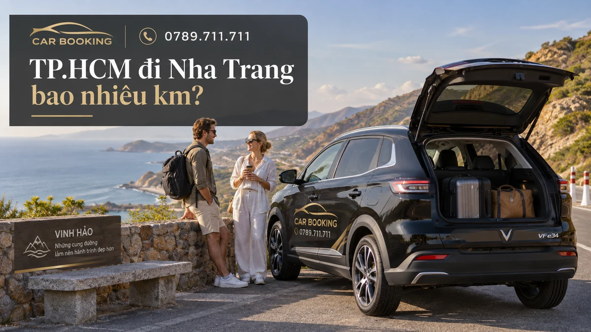 TP.HCM đi Nha Trang bao nhiêu km – thiết kế tên bài trên ảnh minh họa hành trình cùng xe và du khách