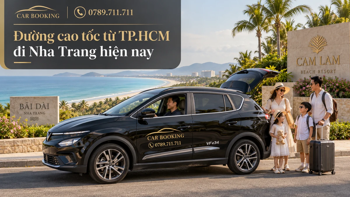 cao tốc từ TP.HCM đi Nha Trang – thiết kế tên bài trên ảnh minh họa xe Car Booking và hành khách
