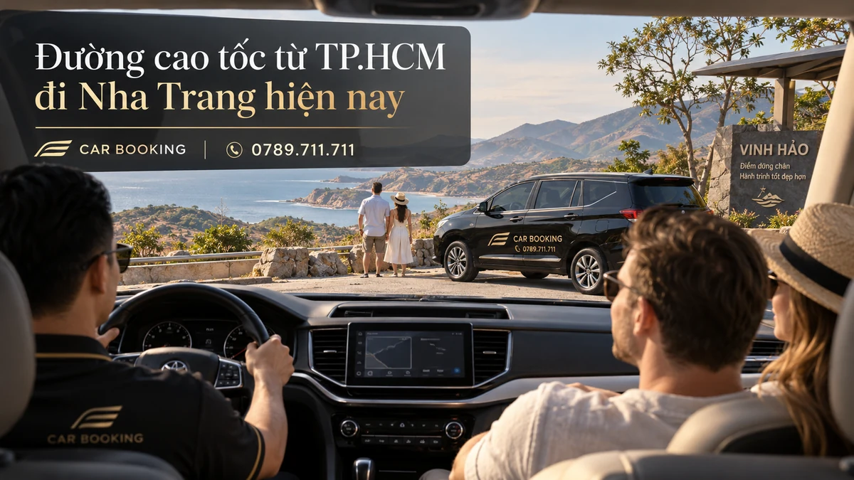 cao tốc từ TP.HCM đi Nha Trang – thiết kế tên bài trên ảnh minh họa hành trình cùng xe và du khách