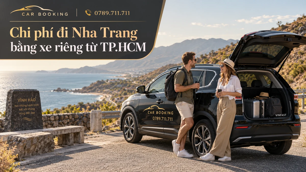 chi phí đi Nha Trang bằng xe riêng – thiết kế tên bài trên ảnh minh họa hành trình cùng xe và du khách