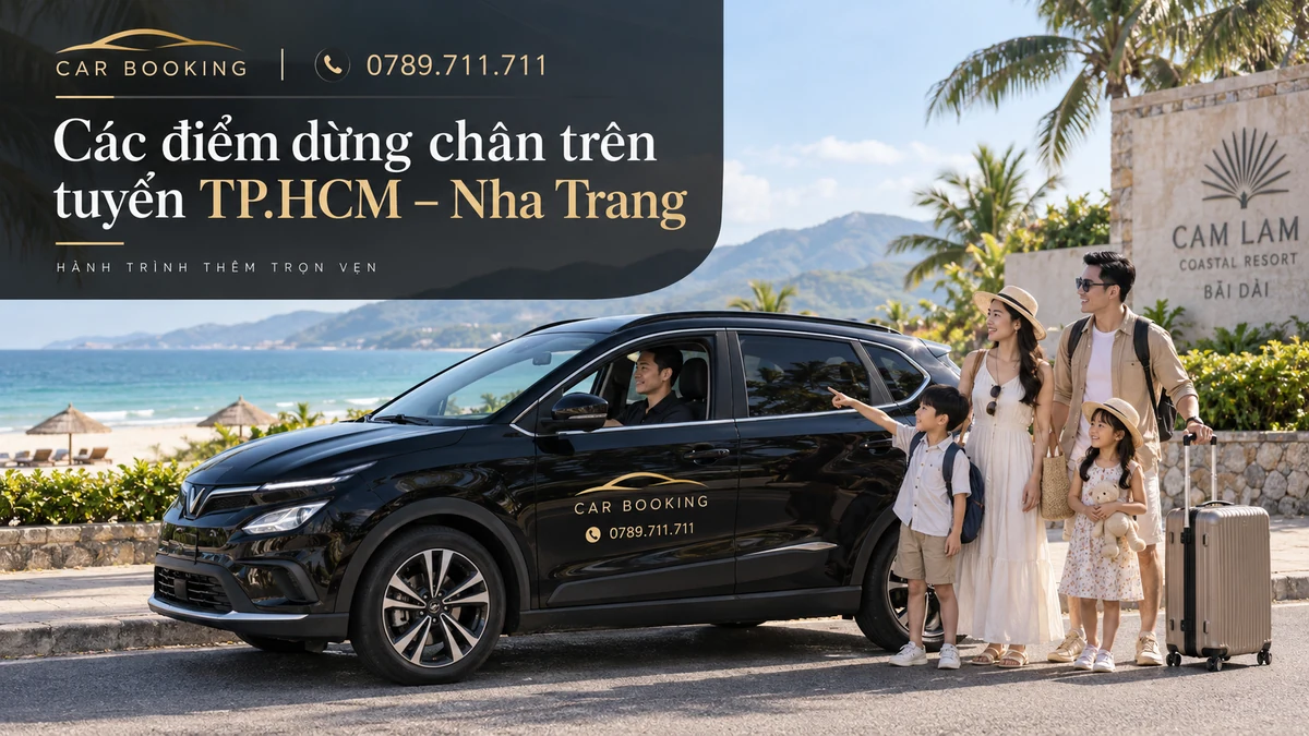 điểm dừng chân trên tuyến TP.HCM – Nha Trang – thiết kế tên bài trên ảnh minh họa xe Car Booking và hành khách