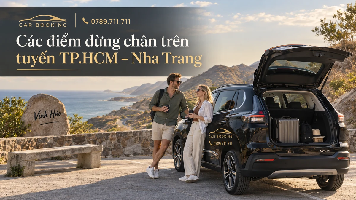 điểm dừng chân trên tuyến TP.HCM – Nha Trang – thiết kế tên bài trên ảnh minh họa hành trình cùng xe và du khách