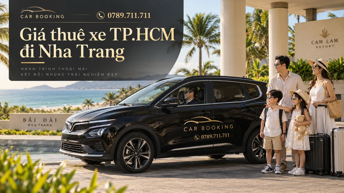 giá thuê xe TP.HCM đi Nha Trang – thiết kế tên bài trên ảnh minh họa xe Car Booking và hành khách