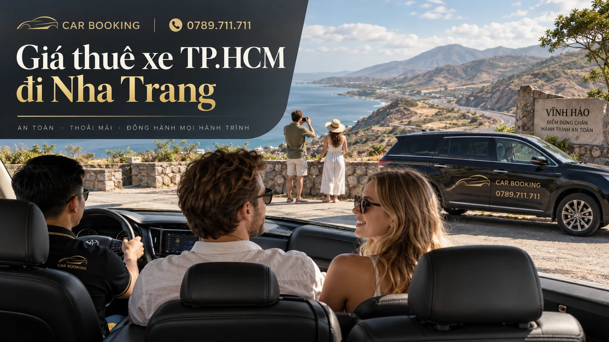 giá thuê xe TP.HCM đi Nha Trang – thiết kế tên bài trên ảnh minh họa hành trình cùng xe và du khách