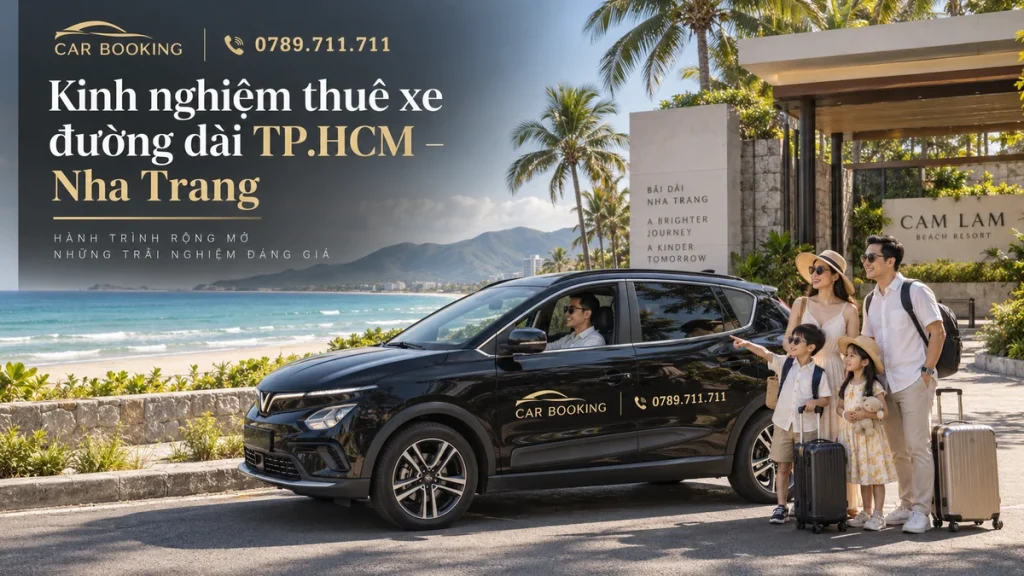 thuê xe đường dài TP.HCM Nha Trang – thiết kế tên bài trên ảnh minh họa xe Car Booking và hành khách