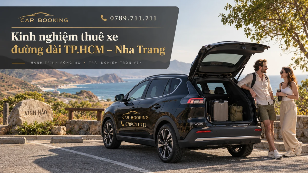 thuê xe đường dài TP.HCM Nha Trang – thiết kế tên bài trên ảnh minh họa hành trình cùng xe và du khách