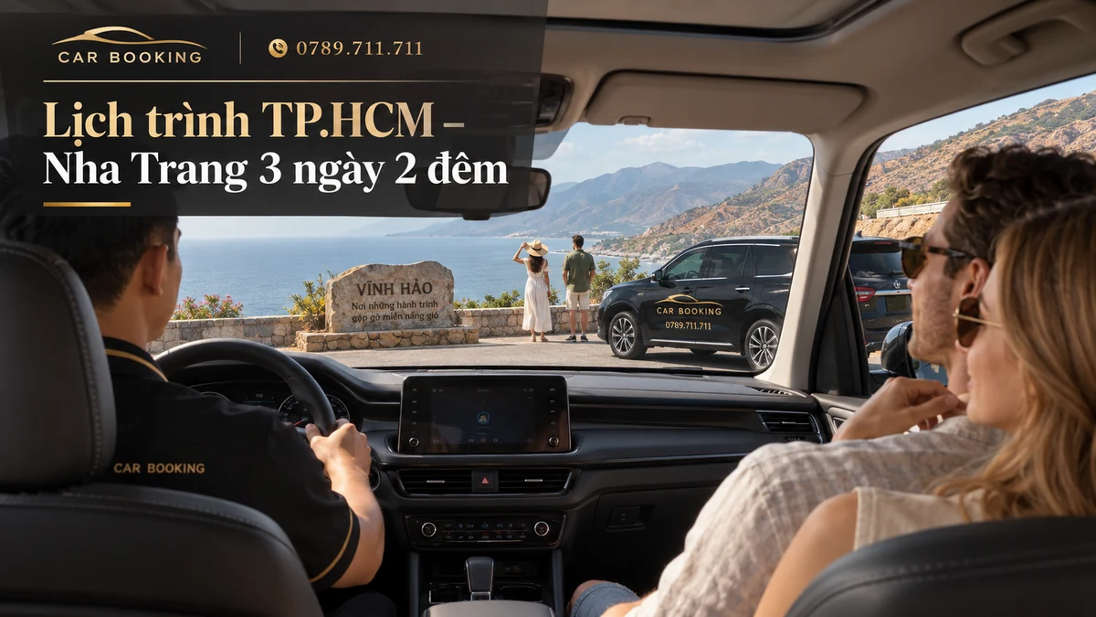lịch trình TP.HCM Nha Trang 3 ngày 2 đêm – thiết kế tên bài trên ảnh minh họa hành trình cùng xe và du khách