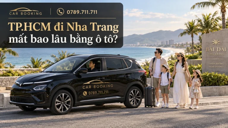 TP.HCM đi Nha Trang mất bao lâu – thiết kế tên bài trên ảnh minh họa xe Car Booking và hành khách