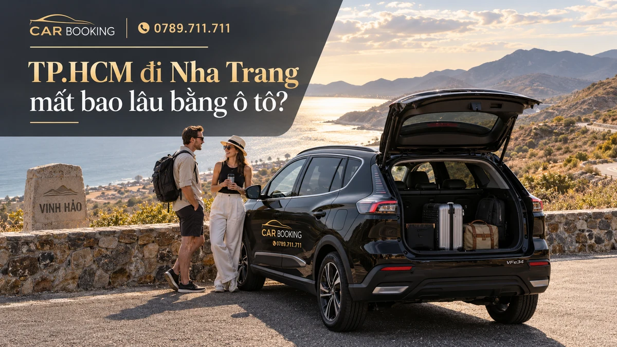 TP.HCM đi Nha Trang mất bao lâu – thiết kế tên bài trên ảnh minh họa hành trình cùng xe và du khách
