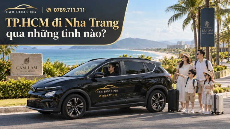 TP.HCM đi Nha Trang qua những tỉnh nào – thiết kế tên bài trên ảnh minh họa xe Car Booking và hành khách