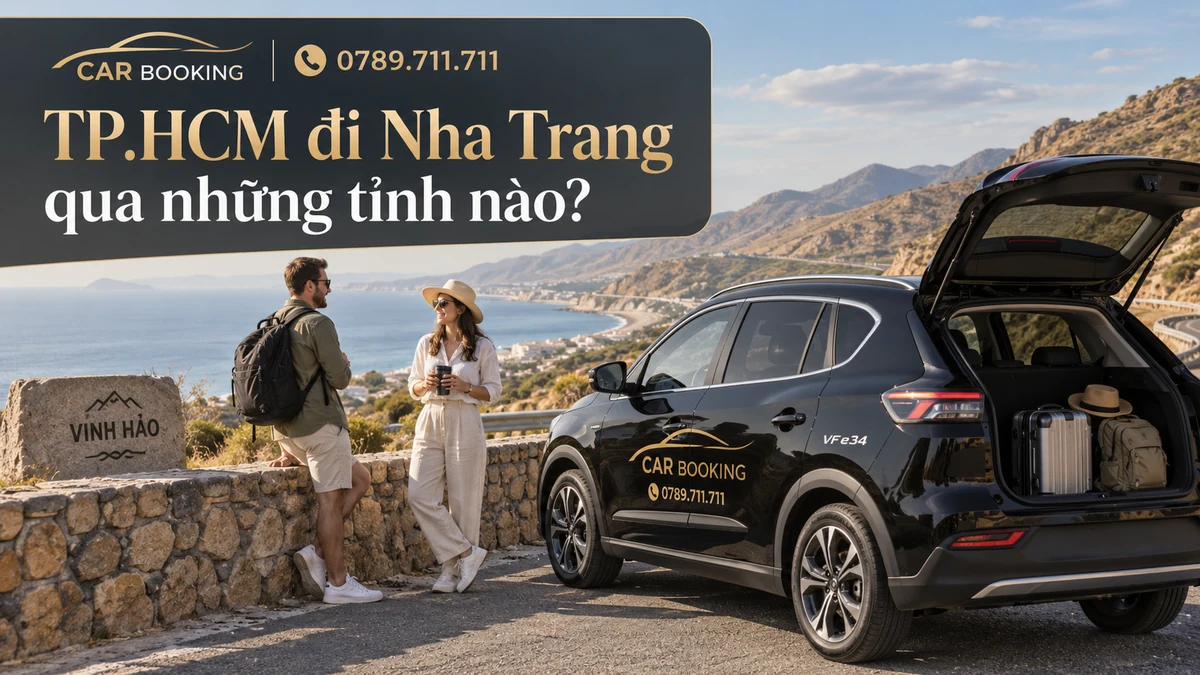 TP.HCM đi Nha Trang qua những tỉnh nào – thiết kế tên bài trên ảnh minh họa hành trình cùng xe và du khách