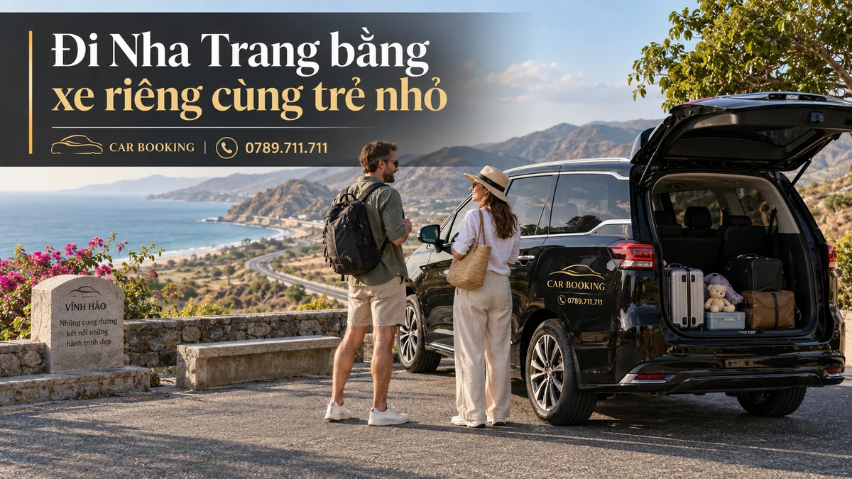 đi Nha Trang bằng xe riêng cùng trẻ nhỏ – thiết kế tên bài trên ảnh minh họa hành trình cùng xe và du khách