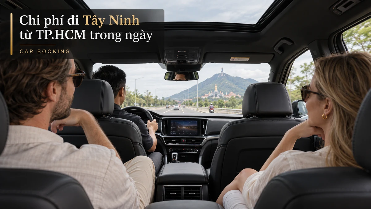 chi phí đi Tây Ninh trong ngày — ảnh minh họa khoang xe và hành khách trên đường Tây Ninh