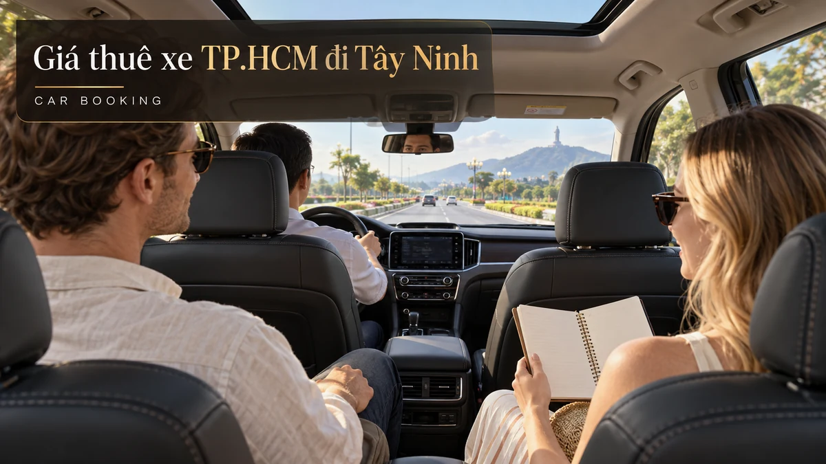 giá thuê xe TP.HCM đi Tây Ninh — ảnh minh họa khoang xe và hành khách trên đường Tây Ninh