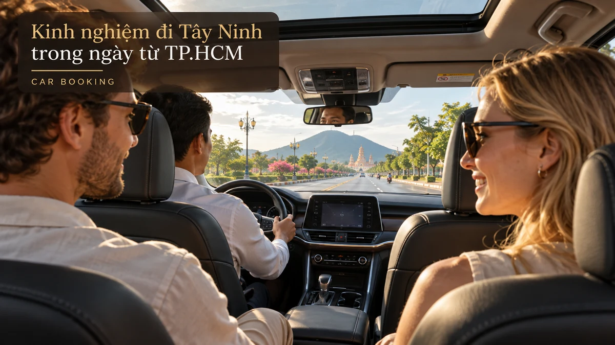 kinh nghiệm đi Tây Ninh trong ngày — ảnh minh họa khoang xe và hành khách trên đường Tây Ninh
