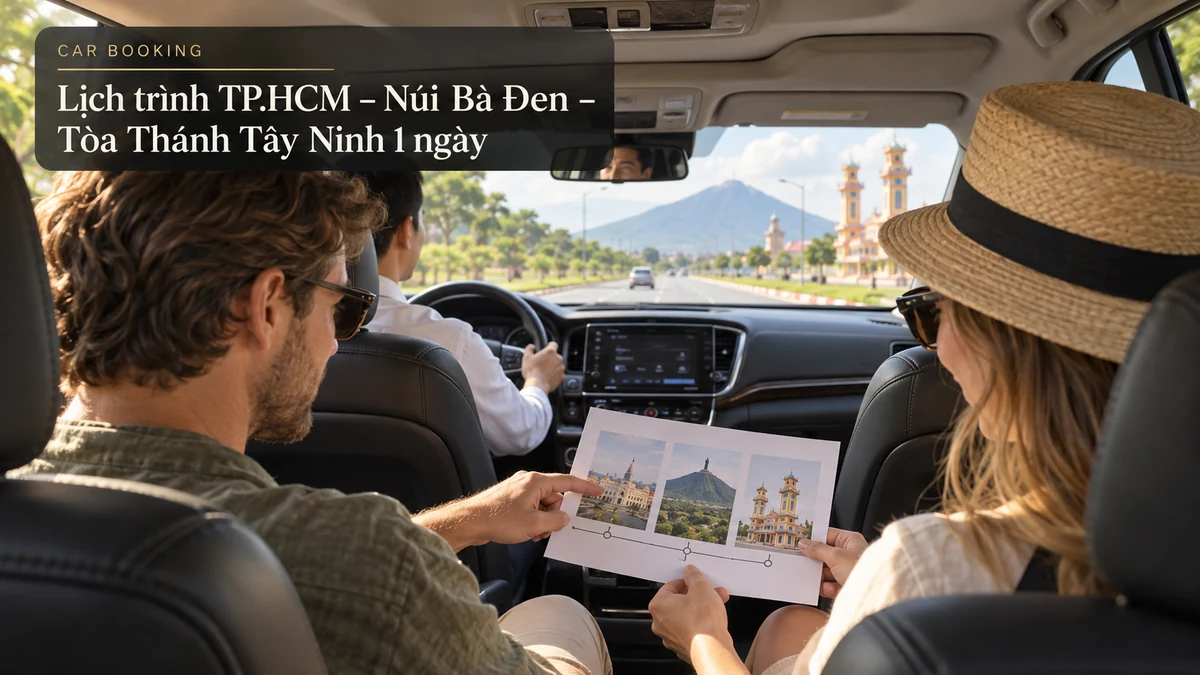 Lịch trình TP.HCM – Núi Bà Đen – Tòa Thánh Tây Ninh 1 ngày — ảnh minh họa khoang xe và hành khách trên đường Tây Ninh
