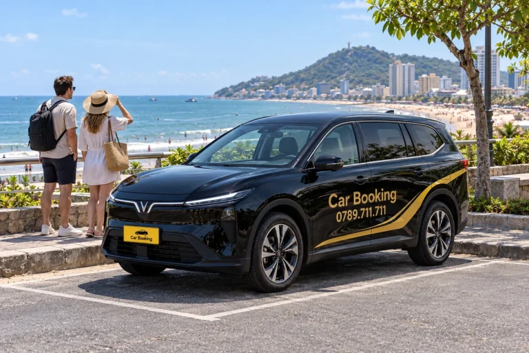 Black Car Booking Limo Green at a Vung Tau seaside lookout with two adult travelers nearby.