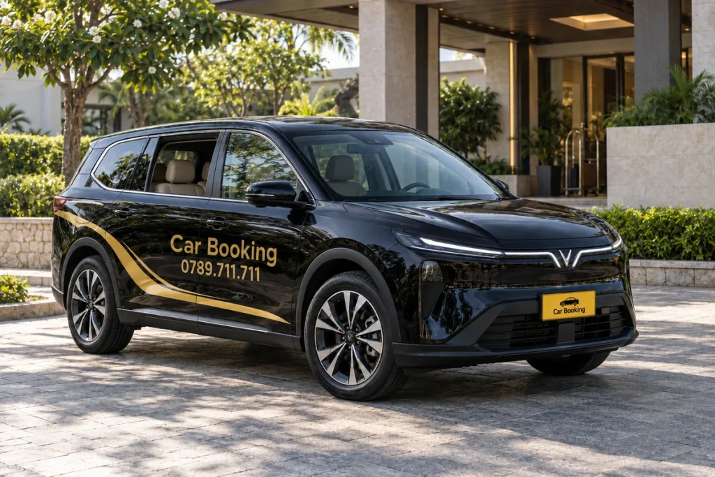 緑のあるホテル中庭に停まる黒いCar BookingのLimo Greenと窓越しの座席。