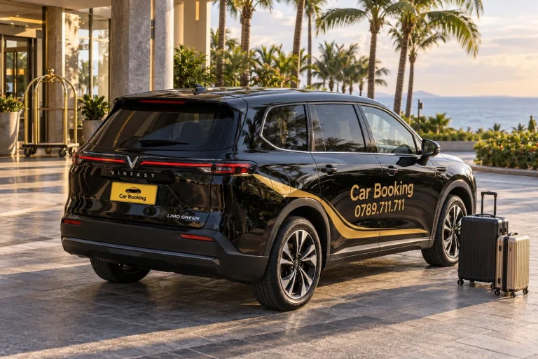 海滨酒店门前停放的黑色Car Booking Limo Green，旁边有两只行李箱。