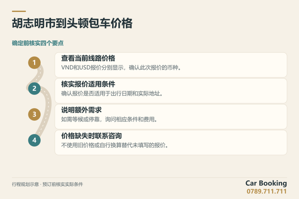 示意图:胡志明市到头顿包车价格,查看当前线路价格、核实报价适用条件、说明额外需求、价格缺失时联系咨询。