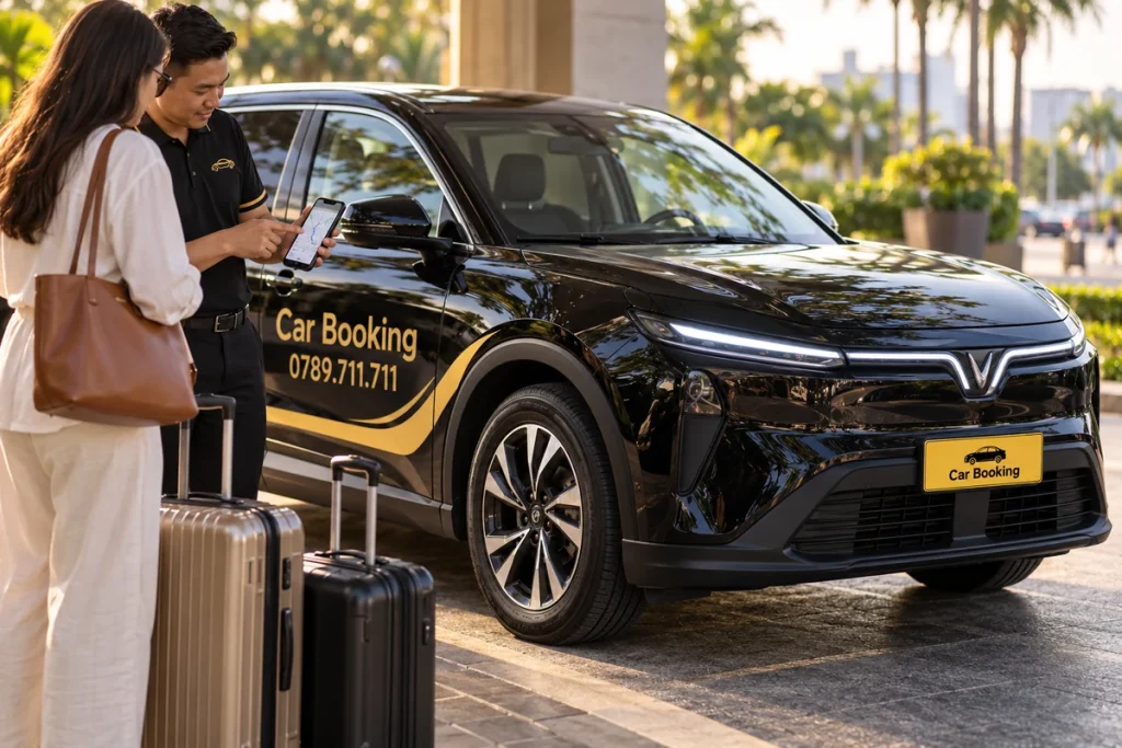 荷物を置いた車の横で運転手と旅行者が経路を確認する黒いCar BookingのLimo Green。