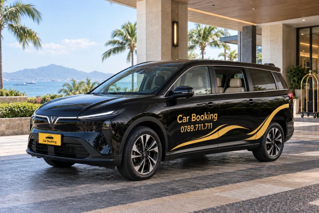 海沿いのホテル玄関に停まる黒いCar BookingのLimo Greenと車内の座席。