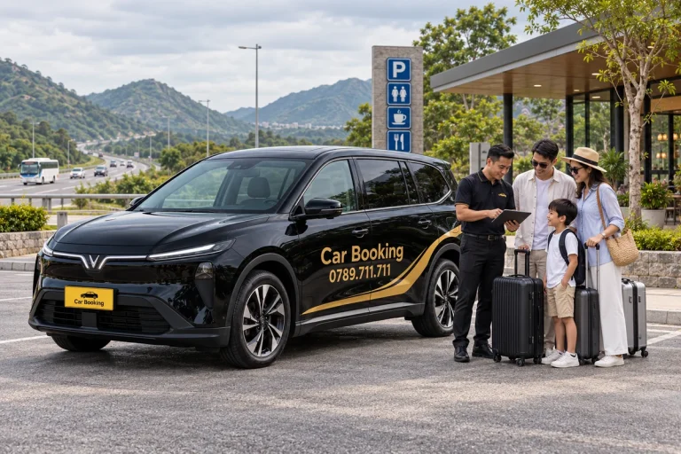 公路休息区里司机与一家人核对行程，旁边停着黑色Car Booking Limo Green。