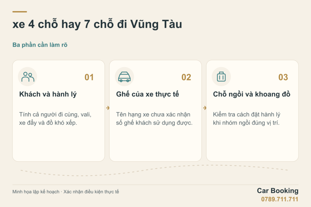 Sơ đồ minh họa: xe 4 chỗ hay 7 chỗ đi Vũng Tàu — Khách và hành lý; Ghế của xe thực tế; Chỗ ngồi và khoang đồ.