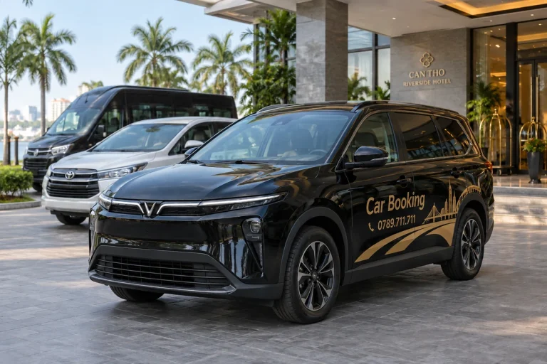 Xe Car Booking màu đen tại khu đón khách, phía sau có các xe chở khách khác.