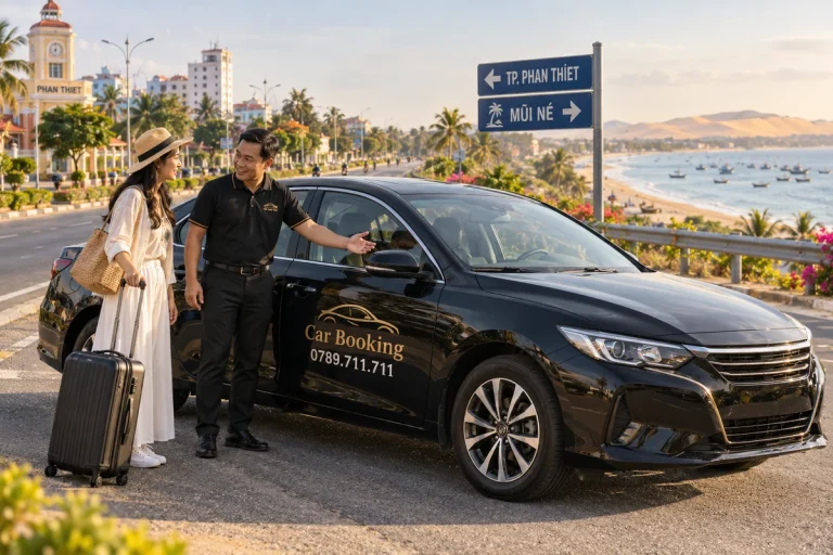 Nên xuống Phan Thiết hay đi thẳng Mũi Né: Tài xế trao đổi điểm xuống với nữ hành khách bên xe sedan Car Booking trên đường ven biển.