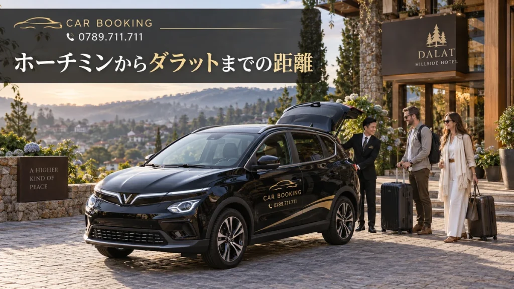 ホーチミンからダラットまでの距離：記事タイトル入り、Car Bookingの車と旅行者のイメージ