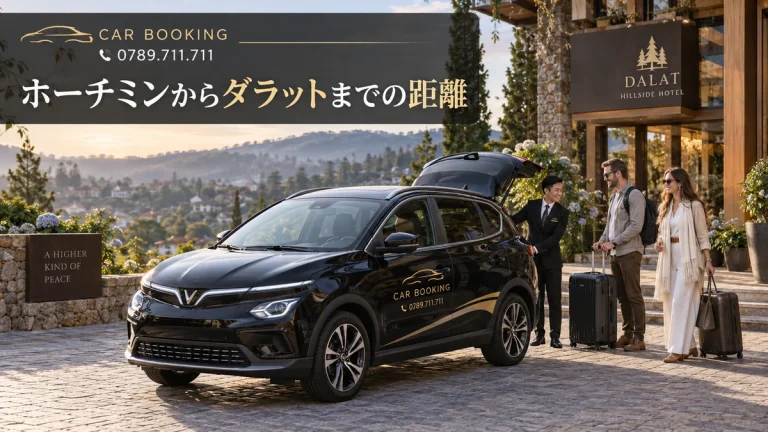 ホーチミンからダラットまでの距離：記事タイトル入り、Car Bookingの車と旅行者のイメージ